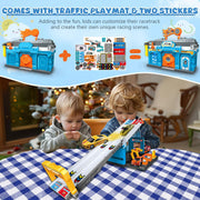 Suorfoxs 2 IN1 Foldable Two-Layer Race Tracks Set with Carrier Truck and 2 Alloy Cars for Boys 2-6 Years