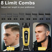 KEMEI Hair Clippers, 11500 RPM Motor, Cordless Hair Trimmer with LED Display, DLC Stainless Steel Blade, 2000 mAh Battery, Charging Base, 8 Guide Combs, Gold, 90-4