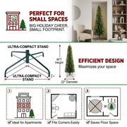 Fehomix 6FT Pre-Lit Pencil Artificial Christmas Tree with 150 Warm White LED Lights, 358 Green PVC Tips, Slim 22-Inch Diameter with Metal Stand for Small Spaces