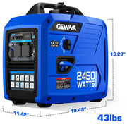 GEWNA 2450-Watt Gas Powered Portable Fuel Inverter Generator, 120V, 1.6 Gallon Fuel Tank, Super Quiet, 43 lb