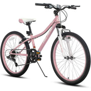 Hiland 24 inch Mountain Bike Shimano 7 Speeds for Teenager with Suspension Fork, Mint Pink