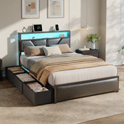 Satifur Full Bed Frame with 6 Storage Drawers, 2-Tier Upholstered Storage Headboard, Built-In LED Lighting and Charging Station, Metal Platform, Black