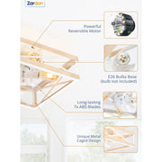 Zardon 16 Low Profile Caged Ceiling Fan with Light, Remote Control, Light Brown Wood and White Finish, 6-Speed Quiet DC Motor, Indoor