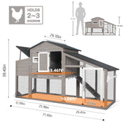 PETSCOSSET Chicken Coop with Run, Large Wooden Chicken Tractor with Wheels, Waterproof Asphalt Roof, Gray, Suitable for 2-3 Chickens 01-GREY-WHITE-WHEEL