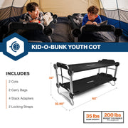 Disc-O-Bed Youth Double Cot Kid-O-Bunk, Portable Foldable Stackable Camping Cot Set, Black, 200 lb Capacity, Includes Carry Bags, 31505B