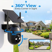 Pelard Outdoor Security Camera, Solar Powered, 4K Ultra HD, 360 Panoramic View, AI Human Detection, Color Night Vision, Two-Way Audio, Real-Time Alerts, IP66 Waterproof