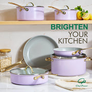 Chef Power 10 Pc Ceramic Nonstick Cookware Set, Purple with Light Gold Stainless Steel Handles, Oven Safe to 450F, Dishwasher Safe, Stars Series