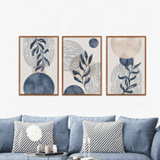 TOARTi Boho Plant Wall Art Set of 3, Blue Framed Canvas, Abstract Geometric Botanical Prints, 16x24 in