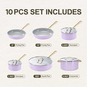 Chef Power 10 Pc Ceramic Nonstick Cookware Set, Purple with Light Gold Stainless Steel Handles, Oven Safe to 450F, Dishwasher Safe, Stars Series