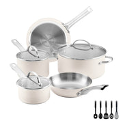Farberware Luster 14 Pcs Stainless Steel Cookware Set with Cooking Tools, White