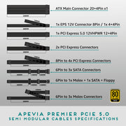 Apevia ATX-PM850W PCIe 5.0 Premier 850W 80+ Gold Certified Semi-Modular Gaming Power Supply with Active PFC and 366 RGB Light Modes