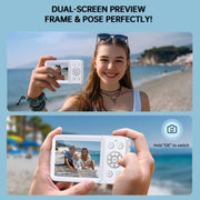 Froura 4K Digital Camera, 64MP, Dual Screens, 18X Digital Zoom, 64GB Card, 2 Rechargeable Batteries, Pink, Compact Travel Point and Shoot for Kids and Teens