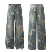 Panan Retro Inspired Floral Printed High-Waisted Wide-Leg Denim Jeans, Light Wash Blue, Mid-Rise, Full Length, Cotton