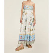 ScarletteEmmy Women Coastal Print Maxi Dress, Spaghetti Strap, High Waist, Flowy Linen Look Sundress, Light Blue