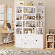Homfa Cube Bookcase, 71in Tall, 12 Cubes, 4-Tier Triple Row Bookshelf with Storage Drawers and Doors, White with Gold Knobs
