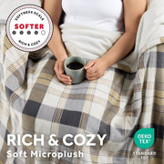 Sunbeam Electric Heated Throw Blanket, Neutral Plaid, Super Soft Microplush, 4 Heat Settings, Oversized 60x80