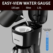SECPOEDR 12 Cup Programmable Coffee Maker with Easy Pour Non-Drip Carafe and Removable Filter Basket, Black, 6693T