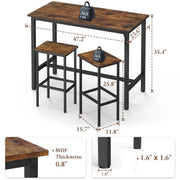 JOZ 3-Piece Bar Table Set with 2 Backless Stools, 47.2 in Rectangular Pub Table, Rustic Brown Metal Frame, Space-Saving Dining Room Set