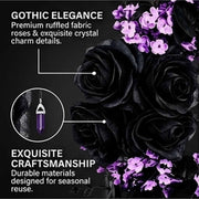 Magical Halloween Moon Cat Crescent Wreath with Light-Up Purple Floral Accents and Gothic Black Rose, Elegant Hanging