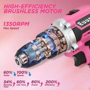 VQJTCVLY 21V Cordless Power Drill Set, Brushless Motor, 3/8 in Keyless Chuck, 25+1 Position Clutch, Pink