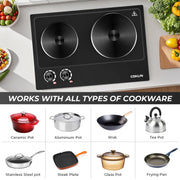 Coklai 1800W Portable Double Burner Electric Cooktop, Stainless Steel, Silver, CKHP-C180B