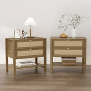 SICOTAS Large Nightstand Set of 2 for Small Spaces Rattan Night Stands with 2 Drawers and Storage Shelf