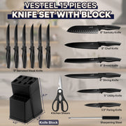 Vesteel 15-Piece Kitchen Knife Set, High Carbon Stainless Steel Blades, Nonstick Coating, Ergonomic Handles, Walnut Brown Knife Block