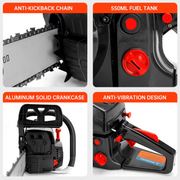 Topteng H014-A003 Gasoline Chainsaw, 62CC 2-Cycle Engine, 20 in. Bar, Automatic Brake, Anti-Kickback Chain, Black