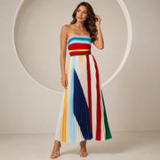 Veyora Apparel Women's Strapless Colorblock Pleated Maxi Dress, Rainbow Smocked Tube Top, Sleeveless Summer Dress