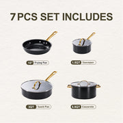Chef Power 7 Pcs Ceramic Cookware Set, Non-Stick Aluminum Pots and Pans with Brushed Gold Stainless Steel Handles, Oven Safe to 450F, Dishwasher Safe, Stone Black