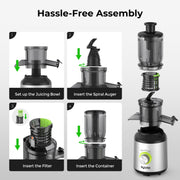 Syvio MP-802E Cold Press Masticating Juicer with 4.3 in Feed Chute, 350W Motor, Black/Silver