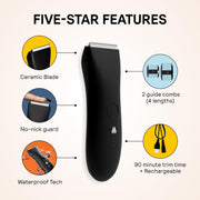 Meridian The Trimmer Original Body Hair Groomer with Waterproof Design, Ceramic Blade, Adjustable Guide Combs, Rechargeable USB, Onyx Black