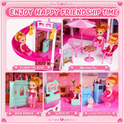 MOJINO Pink 12-Room 4-Story Dollhouse Playset with Furniture, Dolls Figures, Colorful LED Lights, Slide and Pool for Girls Ages 3+