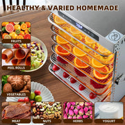 Cercker Food Dehydrator Machine, 9 Stainless Steel Trays, 1000W High Power, Adjustable 70-190F Temperature, 7.7ft Drying Area, 24-Hour Timer, Silver, DBC-09A