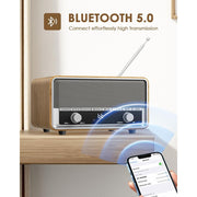Audiocrazy Retro AM FM Clock Radio with Bluetooth 5.0, Digital LED Display, Sleep Timer, 40 Preset Stations, Brown Wooden Tabletop