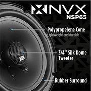 NVX Car Speakers NSP65 6.5 Inch 2-Way Coaxial, 540W Peak Power, 180W RMS, Black with Silk Dome Tweeters and Built-In Crossovers