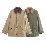 ScarletteEmmy Mid-Length Oversized Canvas Jacket for Women, Khaki, Contrast Corduroy Collar, Loose Fit Utility Coat, Lightweight Casual Outerwear