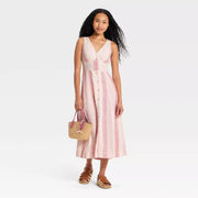 Universal Thread Women's Woven Button-Front Midi Sundress, Pink Striped, XS
