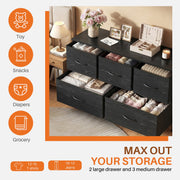 Zunmos Concetta Dresser with 5 Fabric Drawers, Soft Close, Black Wood Top, Metal Frame, Adjustable Feet