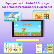 AEEZO Kids Learning Tablet, 7 Inch HD Display, Android 13, 8GB RAM, 64GB Storage Expandable to 128GB, Dual-Band 5G WiFi, Dual Camera, Shockproof Silicone Case with Kickstand, Family Link Parental Controls, Purple, KT1018