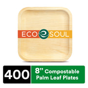 ECO SOUL PLP8SQ400 100% Compostable 8 inch Palm Leaf Square Plates, 400 Counts