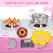 iYofe Kids Corner Kitchen Playset with Lights & Sounds, Play Phone and Curtains, Wooden Kitchen Toys, Pink