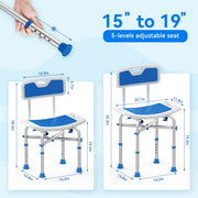 Kekoy 201D-1 Shower Chair with Back, Heavy-Duty Aluminum Frame, Adjustable Height 15-19 in, Supports 500 lb, Padded EVA Seat with Drainage, Showerhead Holder, Non-Slip Rubber Feet