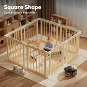 Babyeap Foldable Wooden Baby Playpen, Large Adjustable Indoor Play Yard with Built-In Gate, Brown, 47x47x23.6 in