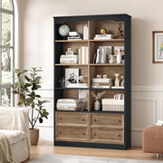 Homfa FPB-422 Double Row 4-Tier Bookcase with 4 Drawers, Natural Oak Finish, 71 in Tall