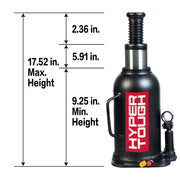 Hyper Tough T92013W 20 Ton Bottle Jack, Adjustable Height 9.25-17.52 in, Stainless Steel, Black