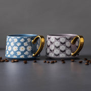 Thyme & Table 4 Pack Blue and Purple Daisy Print Teacup Mugs with Gold Handles 11.8 fl oz, Stoneware - Microwave Safe