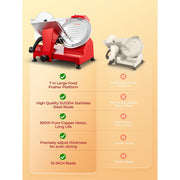 FOHERE Electric Meat Slicer, 300W Motor, 10-Inch Chromium-Plated Steel Blade, Adjustable Thickness, Semi-Automatic, Red, 250A