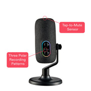 Onn USB Tri-Pattern Microphone with Cardioid, Omnidirectional, Bidirectional Modes, Volume and Mute Controls, 3.5mm Headphone Jack, Black, MTK-1