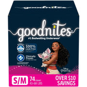 Goodnites Nighttime Bedwetting Underwear for Girls, Small 38-65 lbs, 74 Count, Disney Characters, Enhanced Absorbency, Stretchy Sides